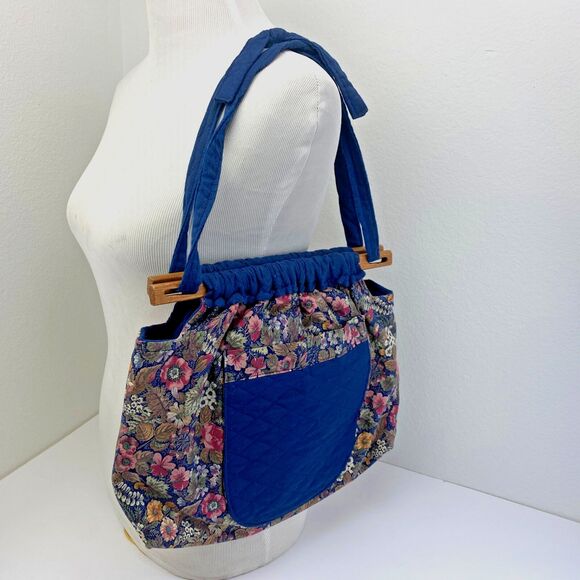 Vintage 80s Quilted Knitting Bag Handbag Purse Floral Wood Handles Pocket Boho - Picture 10 of 10